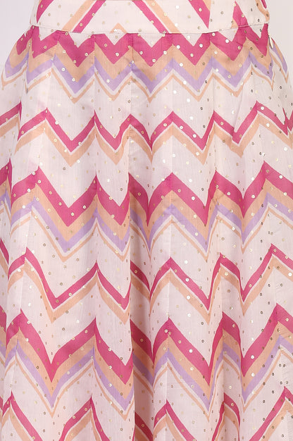 Pink Foil Printed Sequined Flared Crop Top with Skirt and Dupatta Set