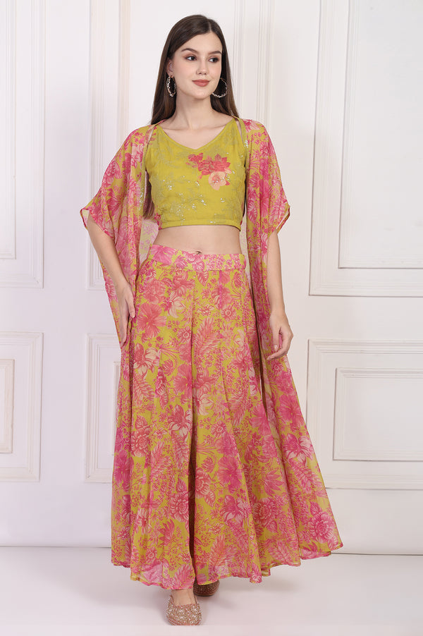 Lime Green Embroidered Crop Top with Culottes and Dupatta Set