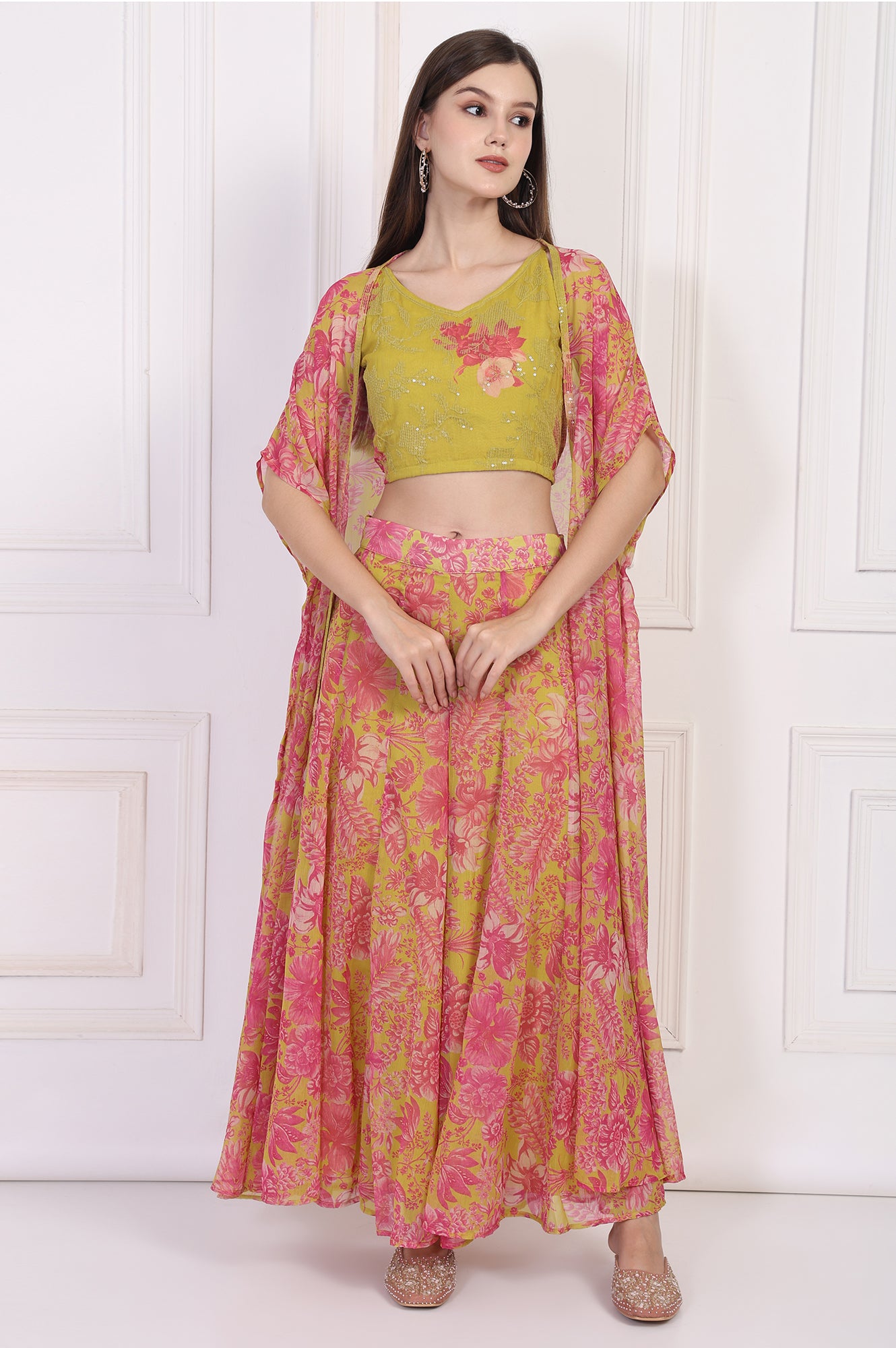 Lime Green Embroidered Crop Top with Culottes and Dupatta Set