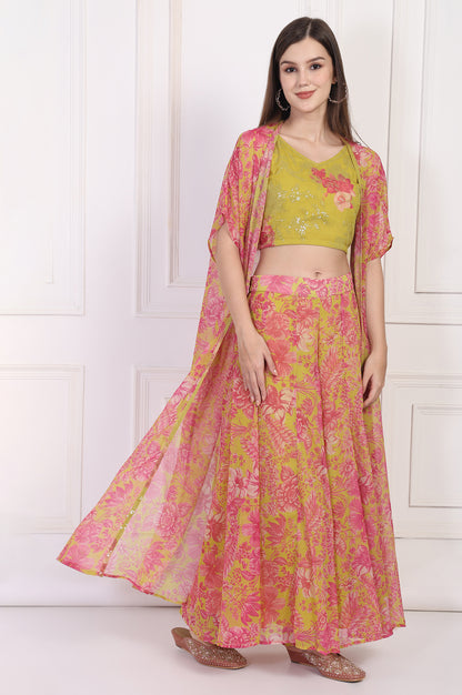 Lime Green Embroidered Crop Top with Culottes and Dupatta Set