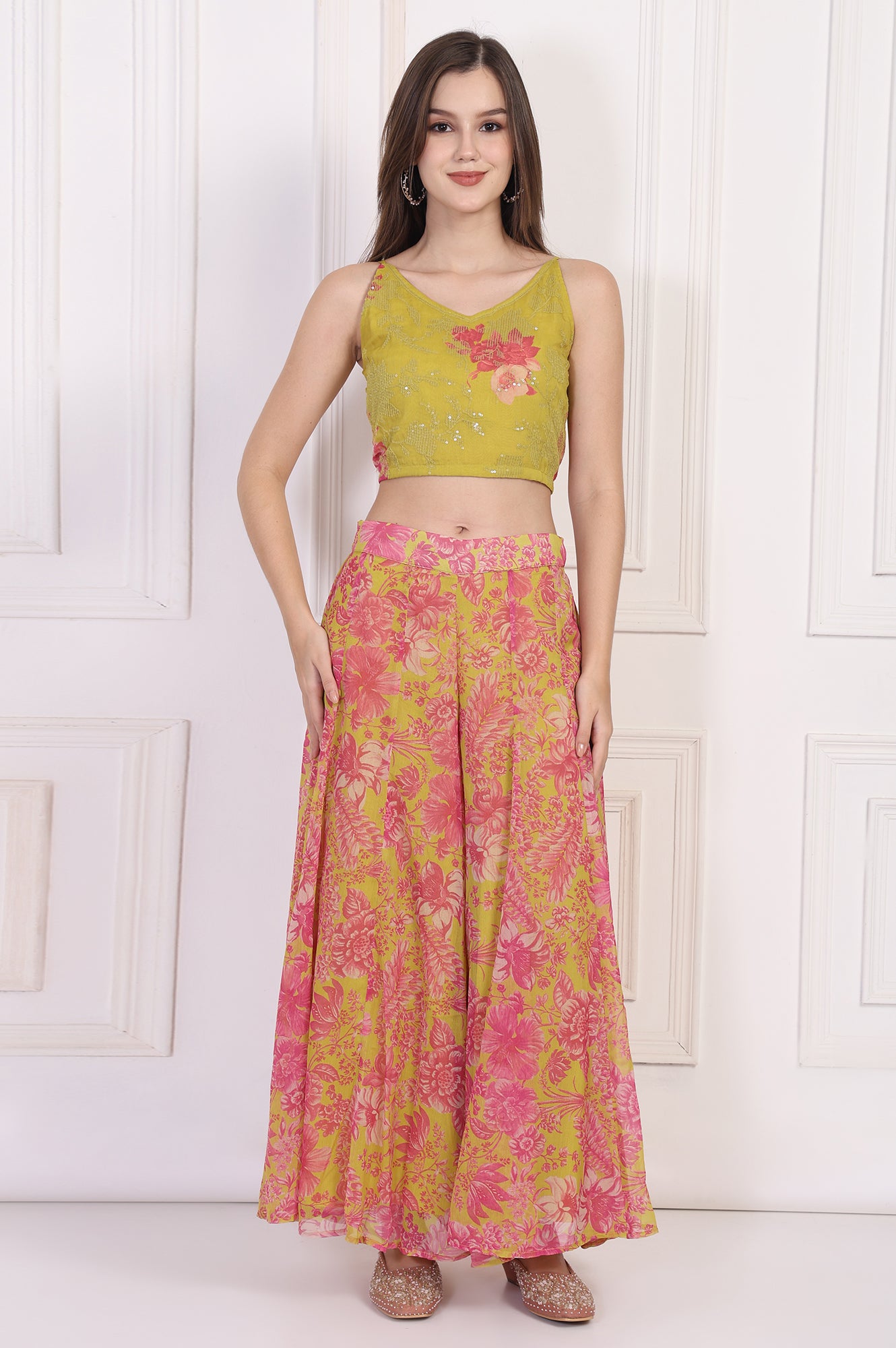 Lime Green Embroidered Crop Top with Culottes and Dupatta Set