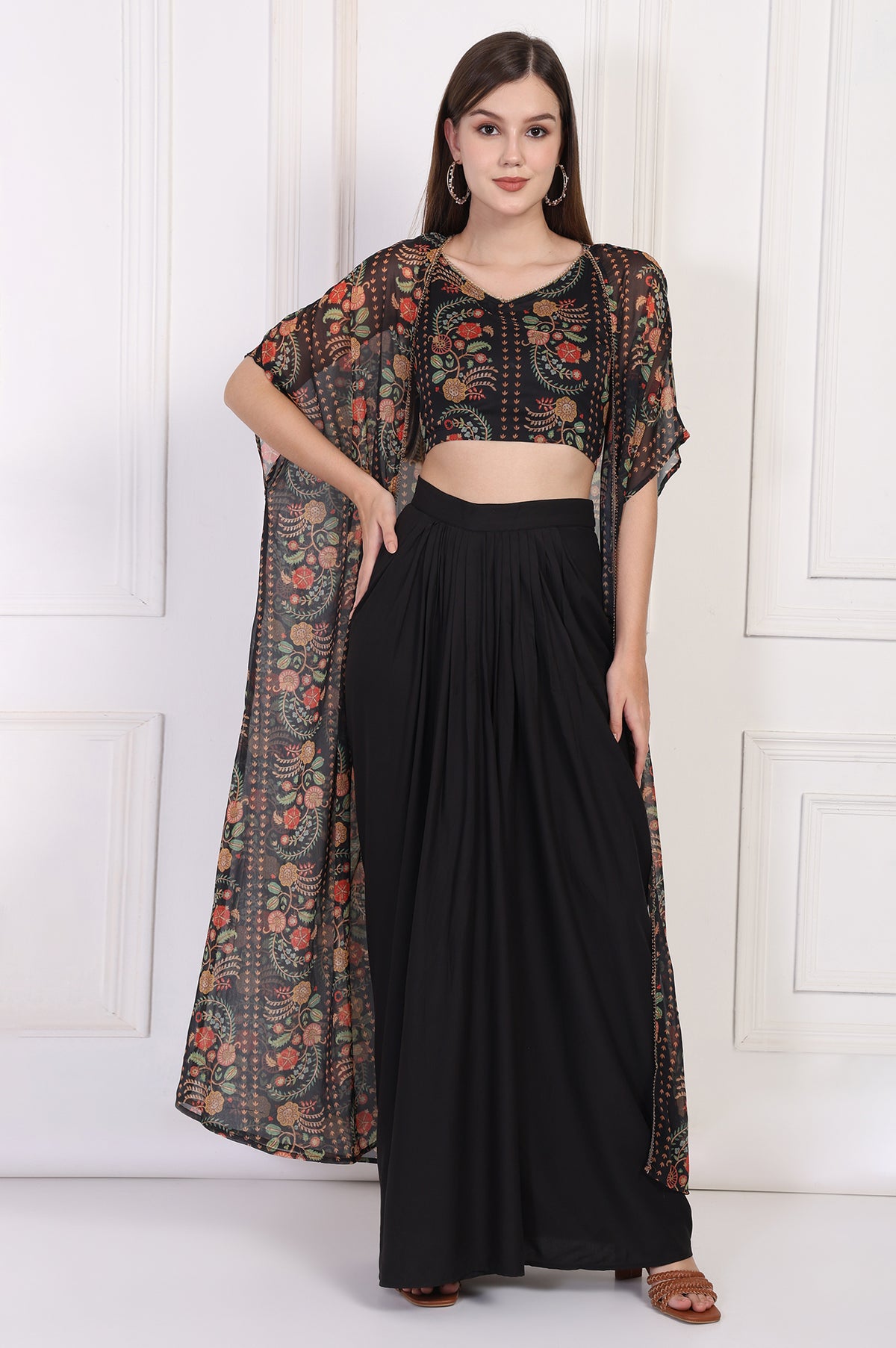 Black Floral Printed Embellished Georgette Crop Top with Cape and Skirt Set - XS