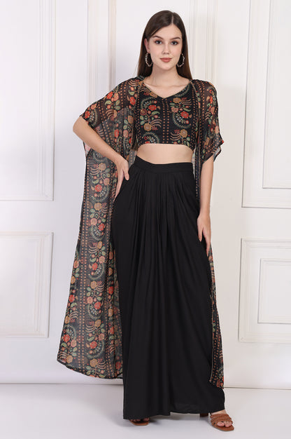 Black Floral Printed Embellished Georgette Crop Top with Cape and Skirt Set