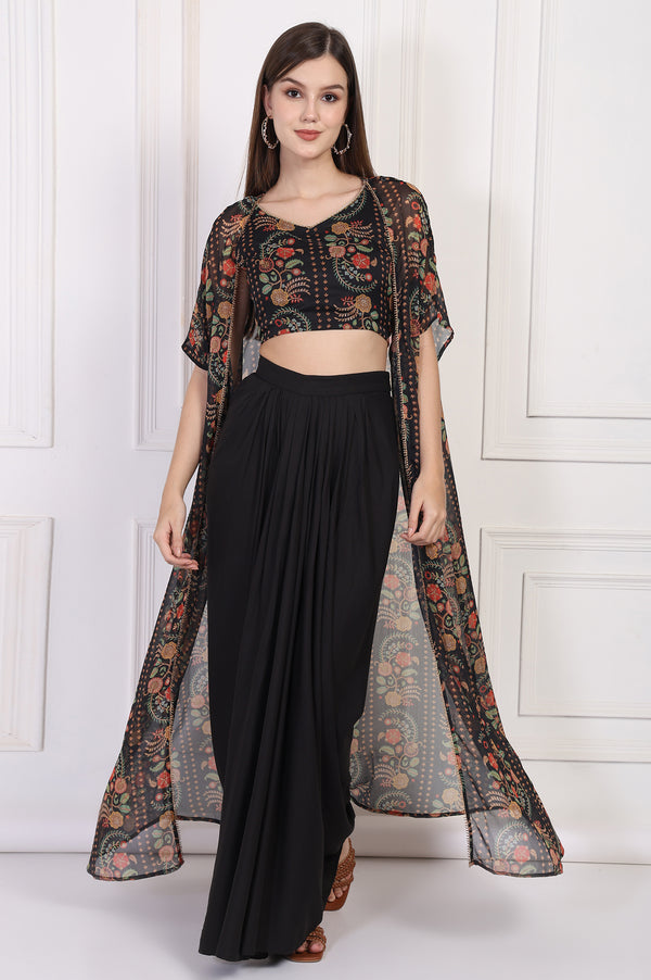 Black Floral Printed Embellished Georgette Crop Top with Cape and Skirt Set