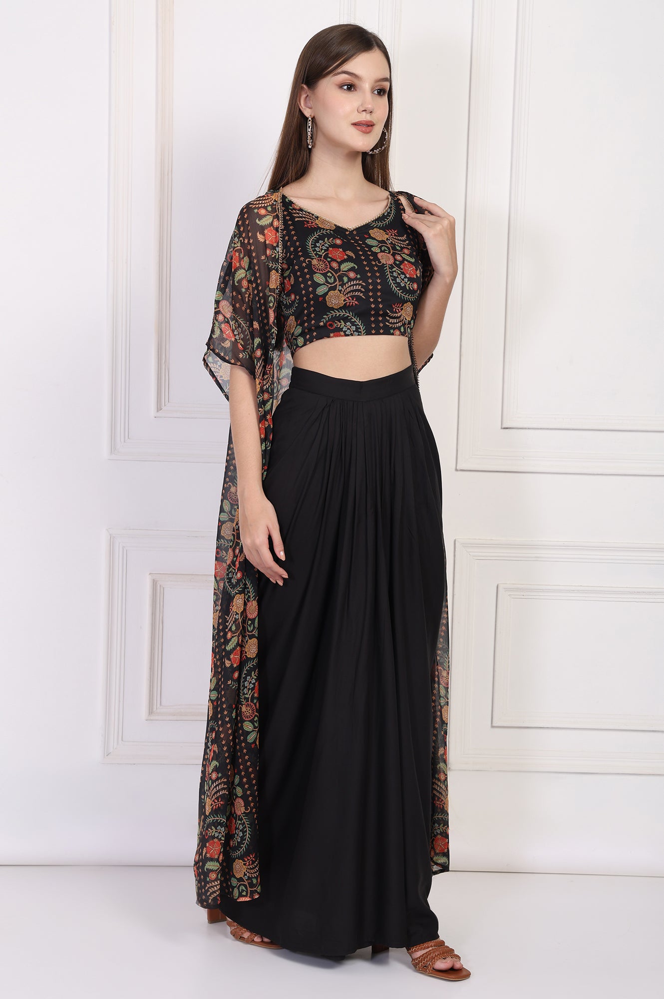 Black Floral Printed Embellished Georgette Crop Top with Cape and Skirt Set