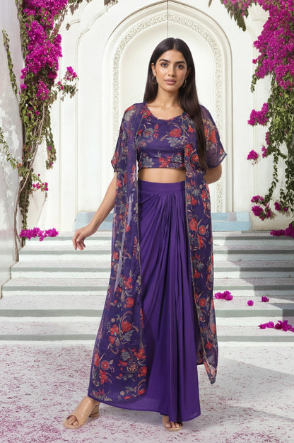 Purple Floral Embellished Chiffon Crop Top with Cape and Skirt Set