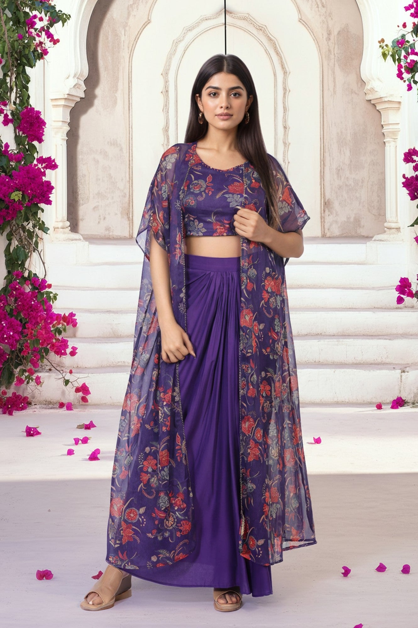 Purple Floral Embellished Chiffon Crop Top with Cape and Skirt Set