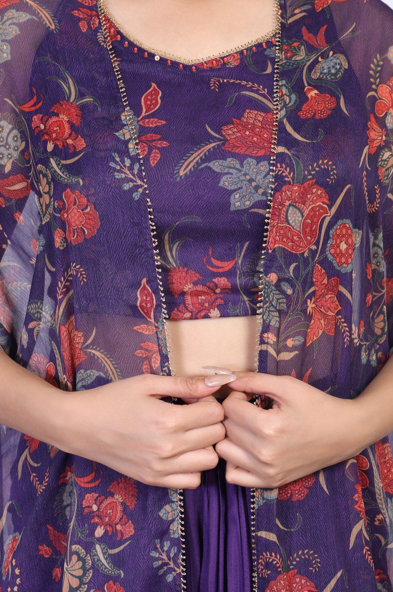 Purple Floral Embellished Chiffon Crop Top with Cape and Skirt Set