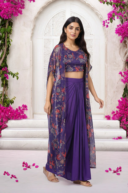 Purple Floral Embellished Chiffon Crop Top with Cape and Skirt Set