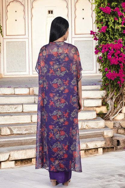 Purple Floral Embellished Chiffon Crop Top with Cape and Skirt Set