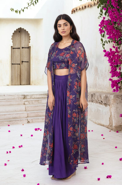 Purple Floral Embellished Chiffon Crop Top with Cape and Skirt Set