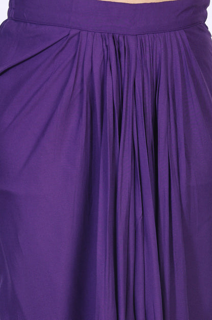 Purple Floral Embellished Chiffon Crop Top with Cape and Skirt Set