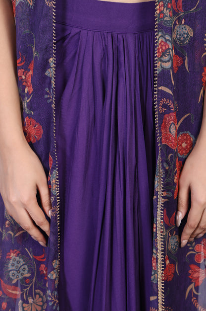 Purple Floral Embellished Chiffon Crop Top with Cape and Skirt Set