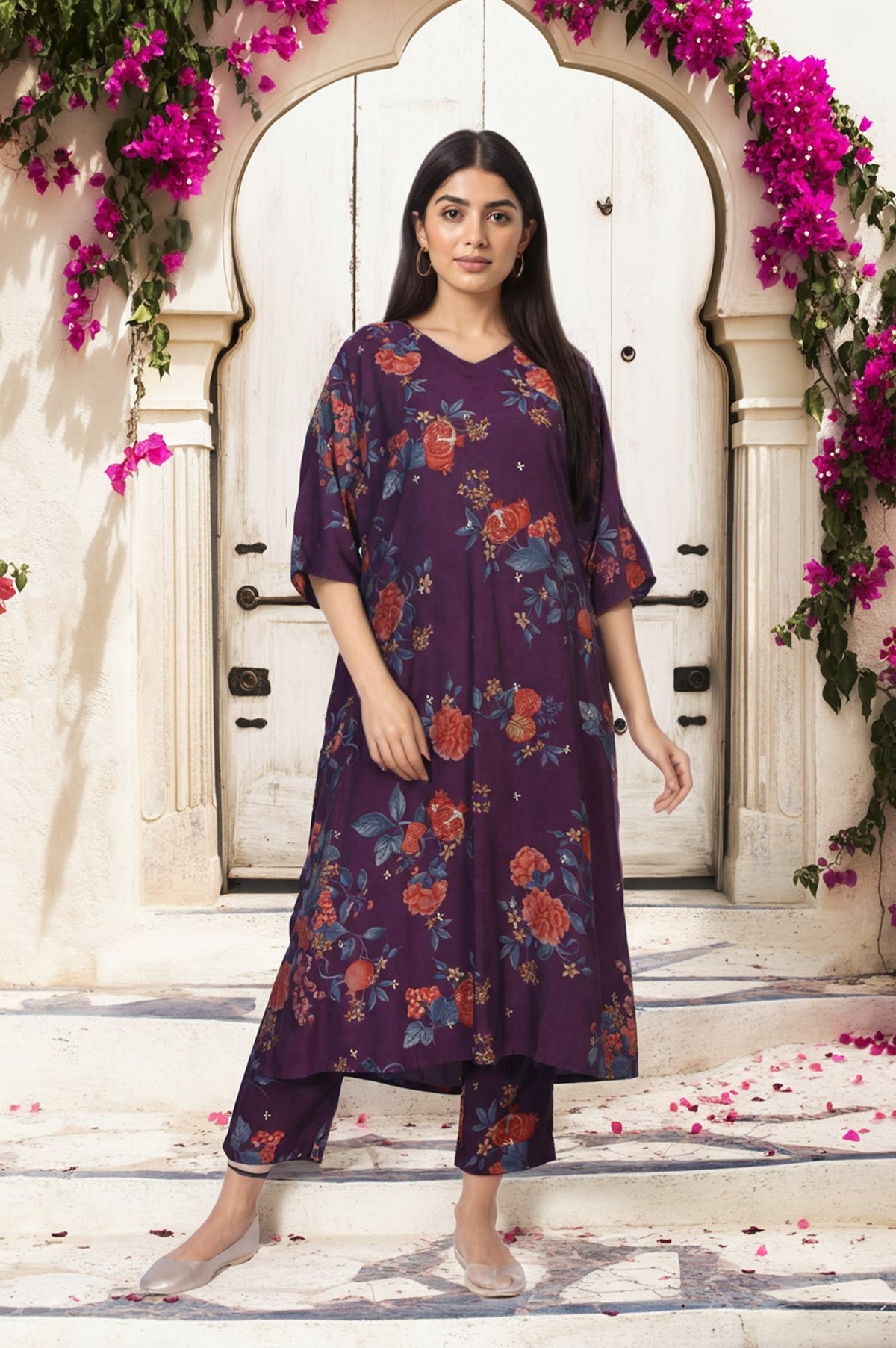 Purple Floral Printed A-line Rayon Kurta with Pant Set - S
