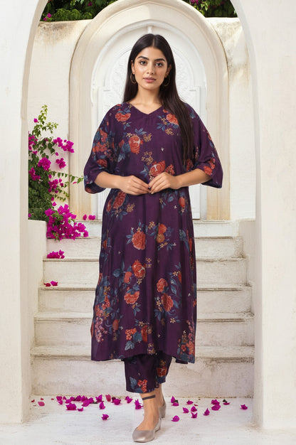 Purple Floral Printed A-line Rayon Kurta with Pant Set
