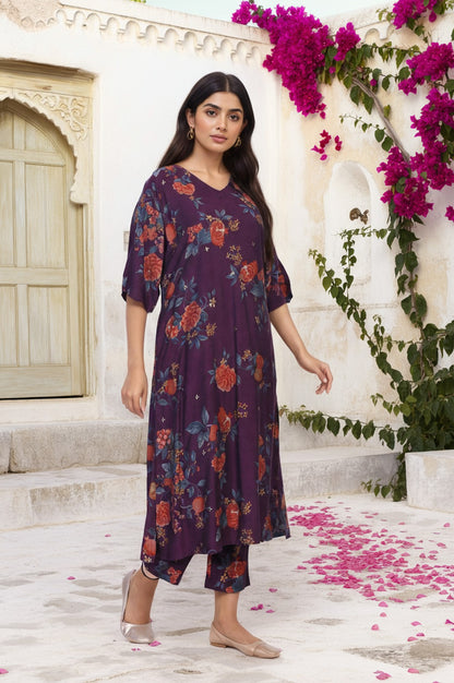 Purple Floral Printed A-line Rayon Kurta with Pant Set