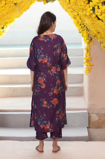Purple Floral Printed A-line Rayon Kurta with Pant Set