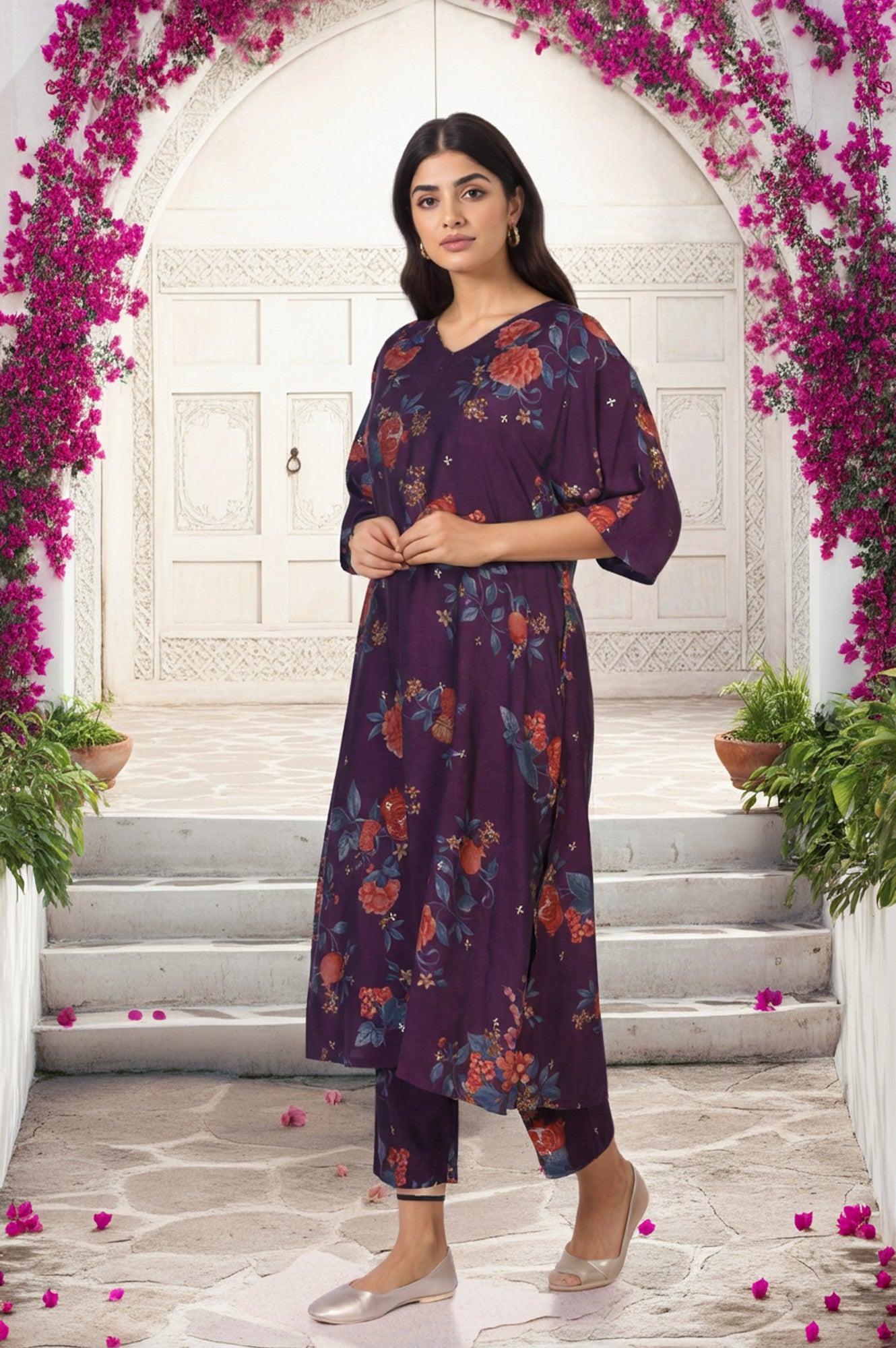 Purple Floral Printed A-line Rayon Kurta with Pant Set