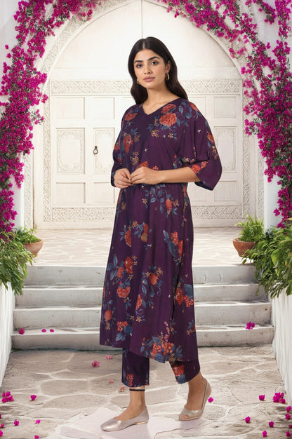 Purple Floral Printed A-line Rayon Kurta with Pant Set
