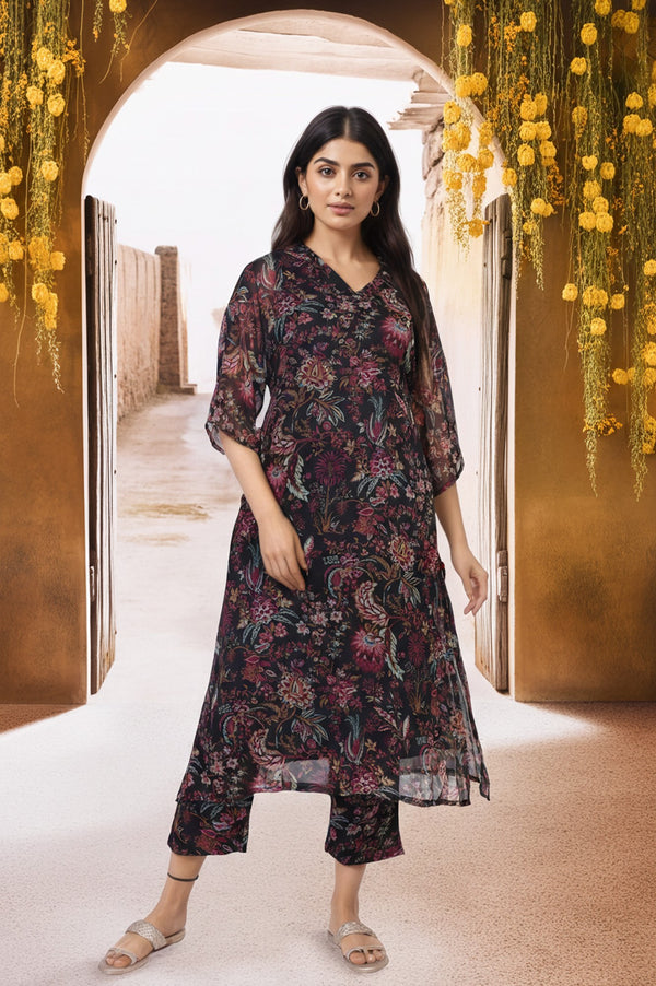 Black Floral Printed Embellished A-Line Georgette Kurta with Pant Set