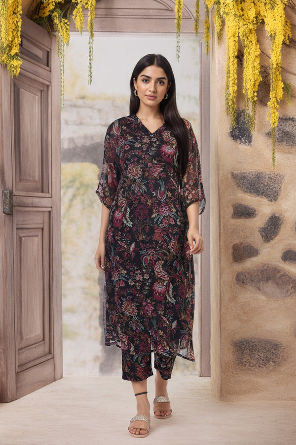 Black Floral Printed Embellished A-Line Georgette Kurta with Pant Set
