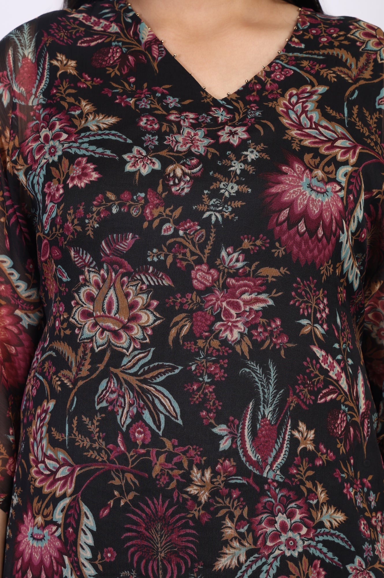 Black Floral Printed Embellished A-Line Georgette Kurta with Pant Set