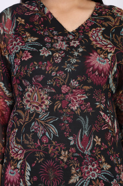 Black Floral Printed Embellished A-Line Georgette Kurta with Pant Set