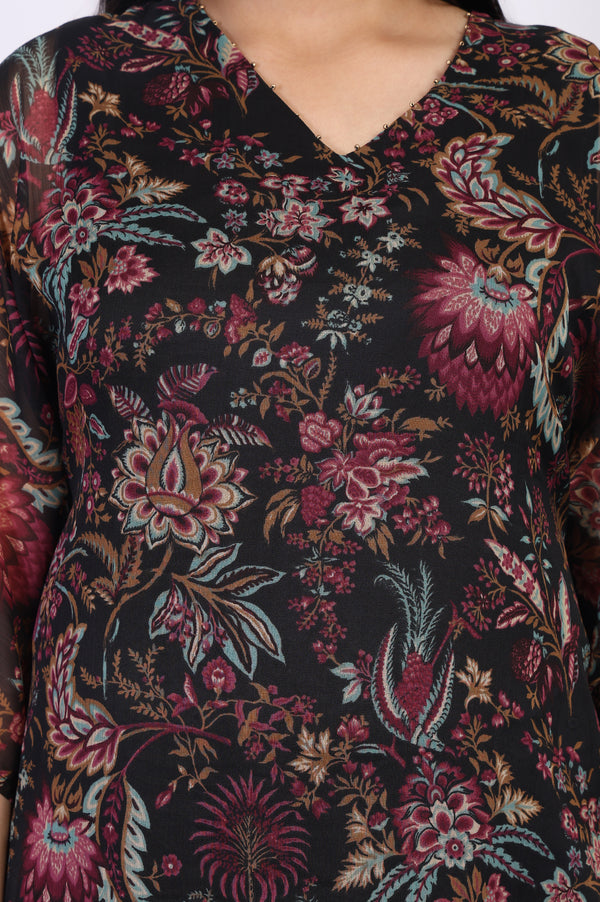 Black Floral Printed Embellished A-Line Georgette Kurta with Pant Set