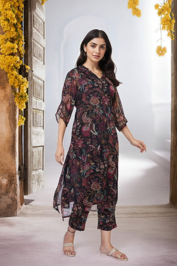 Black Floral Printed Embellished A-Line Georgette Kurta with Pant Set