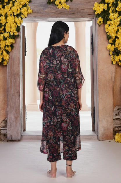 Black Floral Printed Embellished A-Line Georgette Kurta with Pant Set