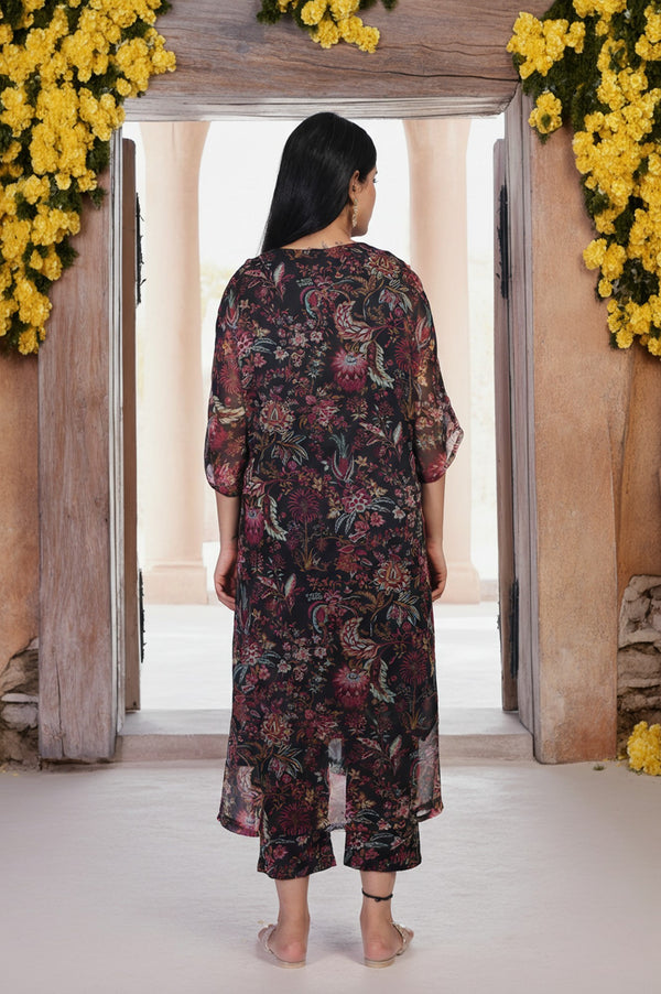Black Floral Printed Embellished A-Line Georgette Kurta with Pant Set