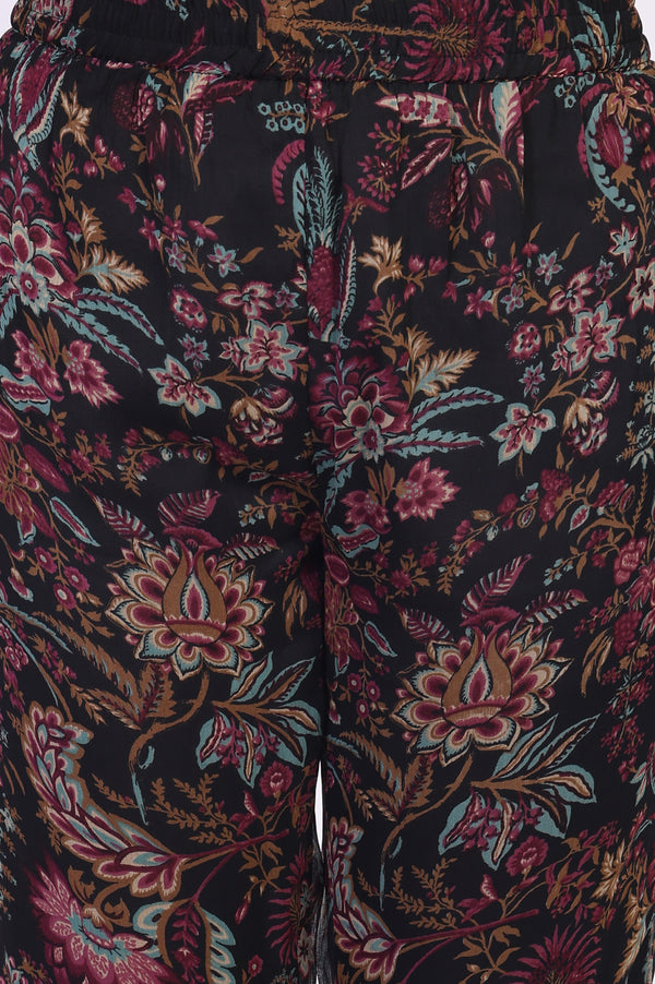 Black Floral Printed Embellished A-Line Georgette Kurta with Pant Set