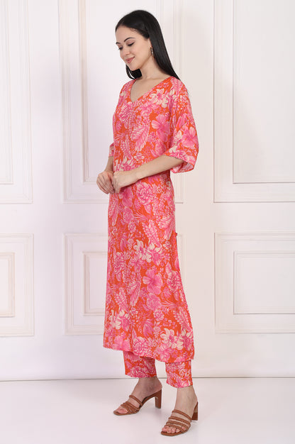 Orange Floral Printed Kaftan Modal Kurta with Pant