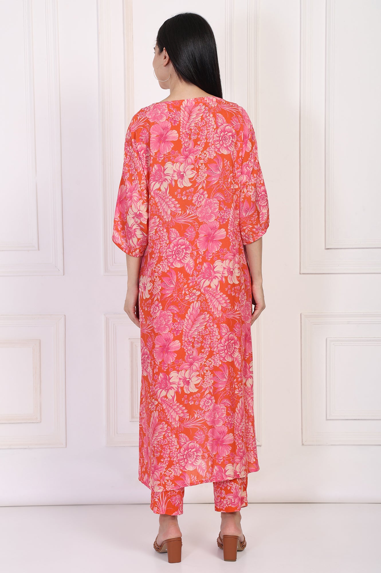 Orange Floral Printed Kaftan Modal Kurta with Pant