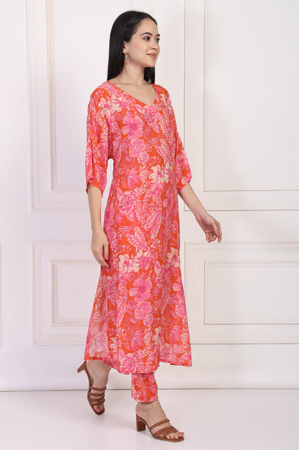 Orange Floral Printed Kaftan Modal Kurta with Pant