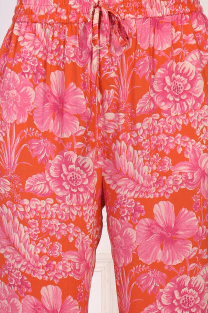 Orange Floral Printed Kaftan Modal Kurta with Pant