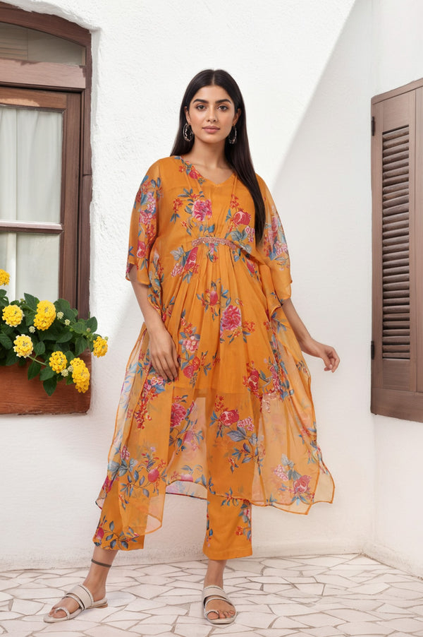 Orange Floral Printed Sequined Flared Chiffon Kaftan with Pant Set