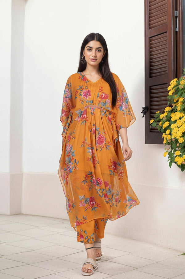 Orange Floral Printed Sequined Flared Chiffon Kaftan with Pant Set