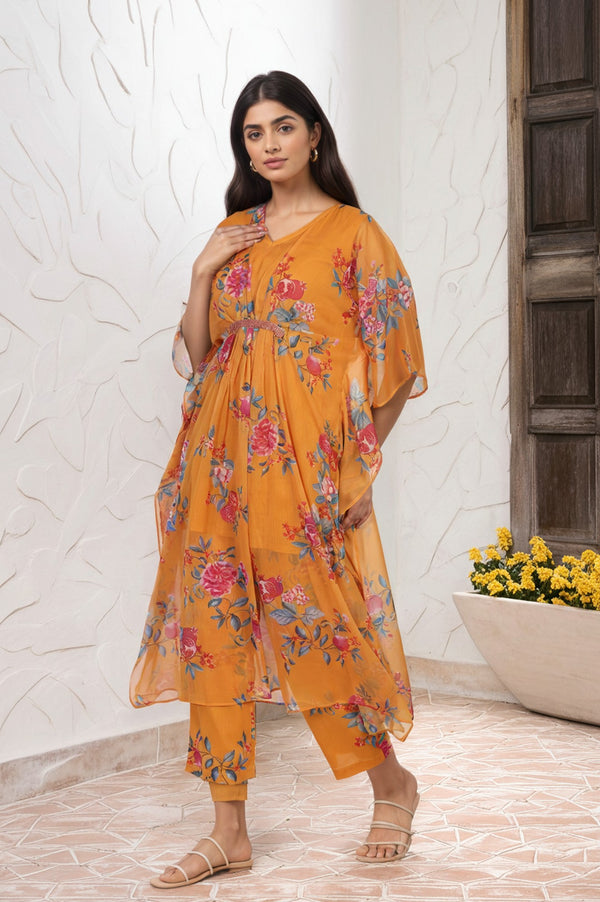 Orange Floral Printed Sequined Flared Chiffon Kaftan with Pant Set