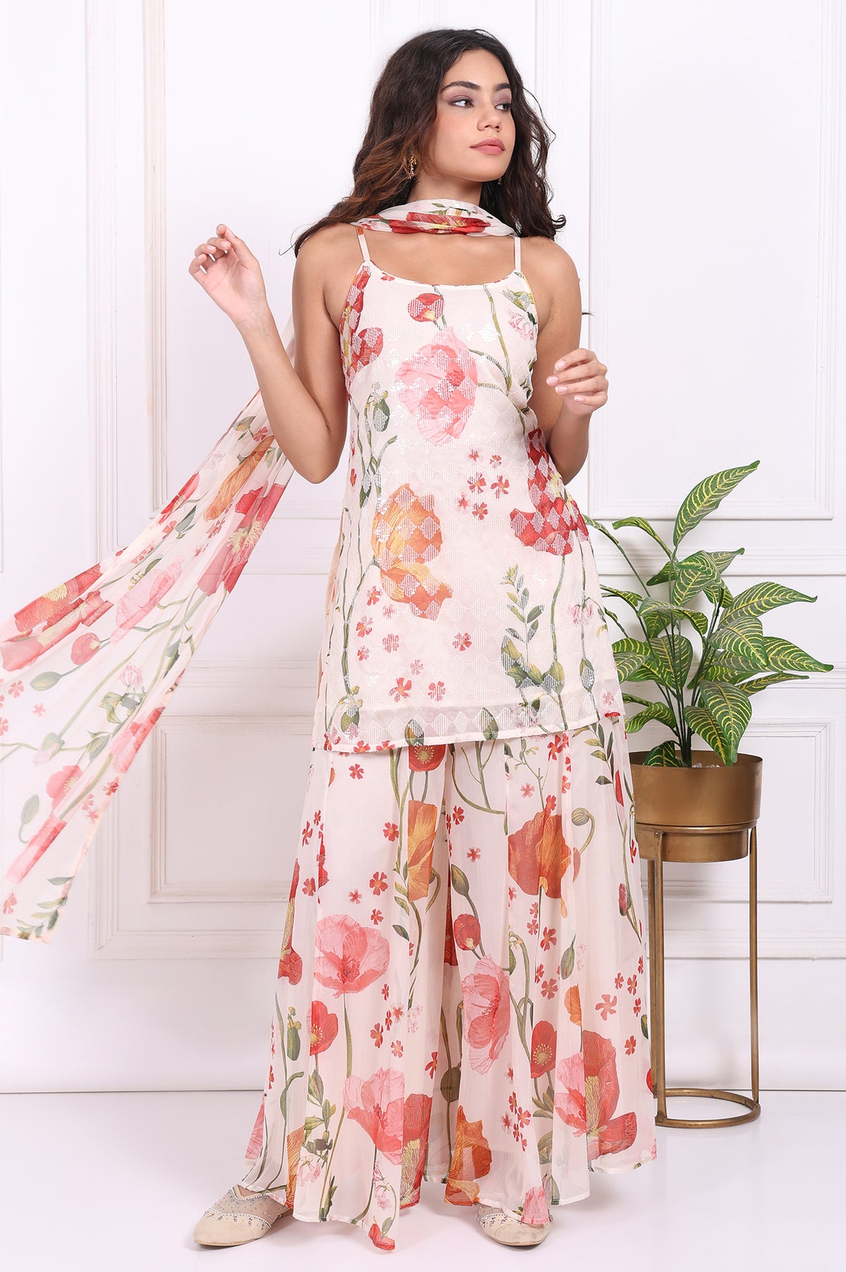 White Floral Printed A-Line Crepe Kurta with Culotte and Dupatta Set - S
