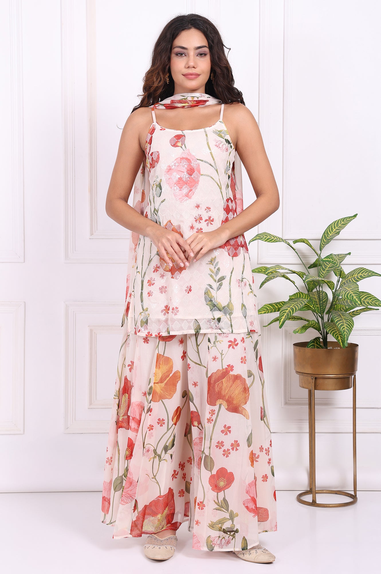 White Floral Printed A-Line Crepe Kurta with Culotte and Dupatta Set