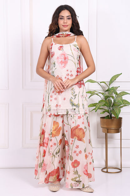 White Floral Printed A-Line Crepe Kurta with Culotte and Dupatta Set