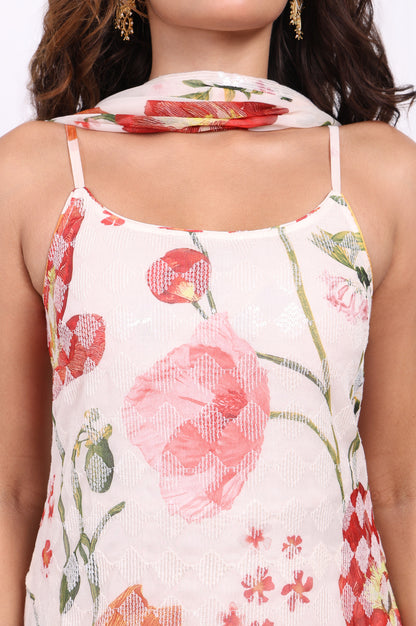 White Floral Printed A-Line Crepe Kurta with Culotte and Dupatta Set