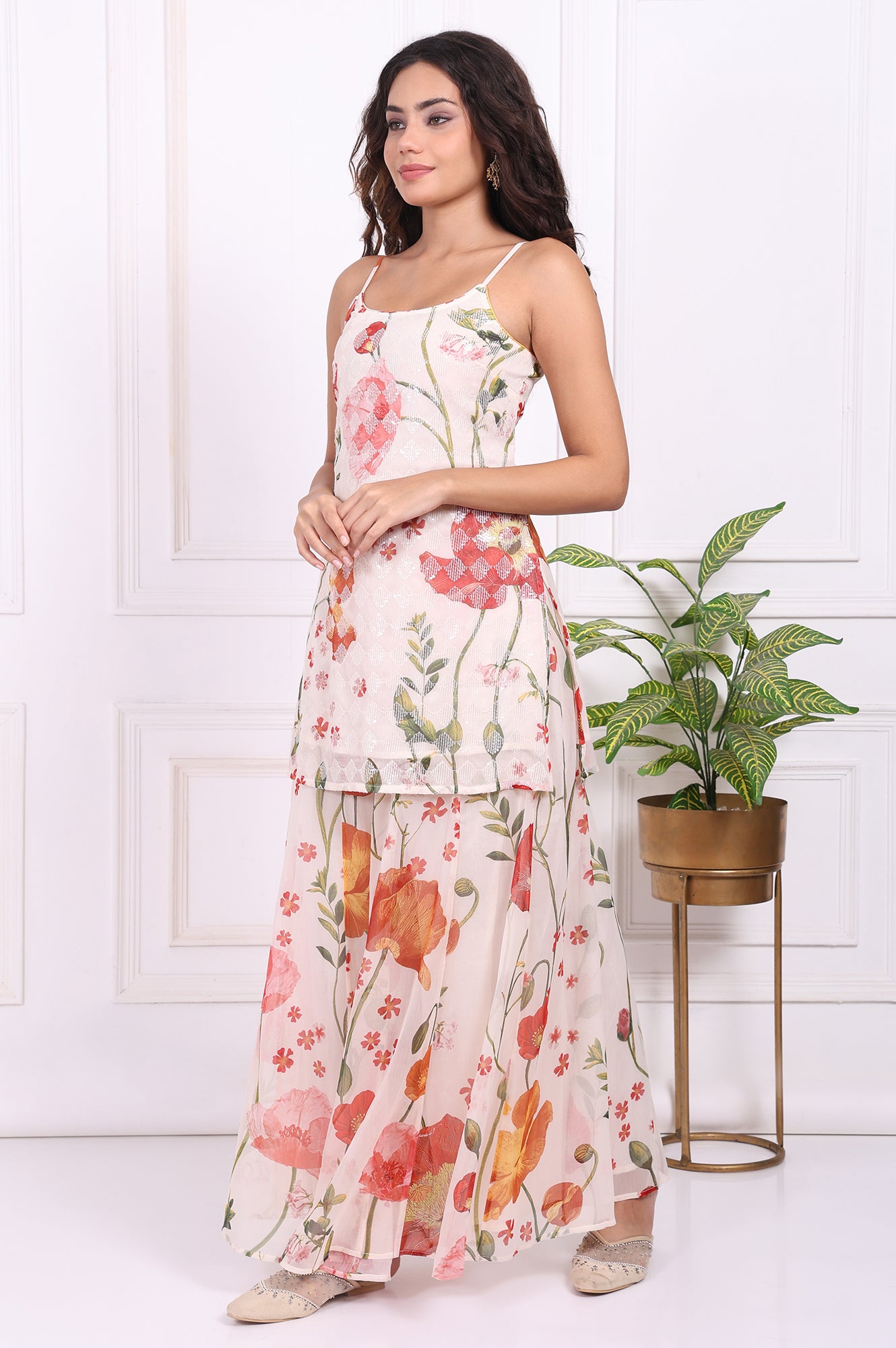White Floral Printed A-Line Crepe Kurta with Culotte and Dupatta Set