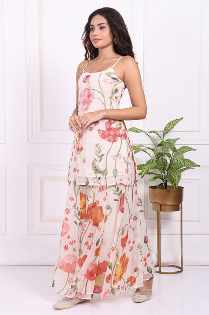 White Floral Printed A-Line Crepe Kurta with Culotte and Dupatta Set