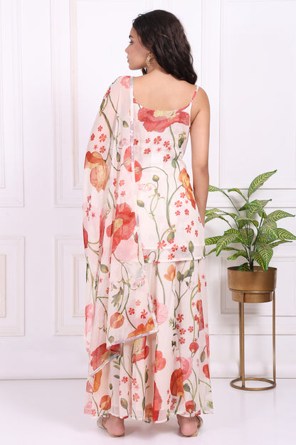 White Floral Printed A-Line Crepe Kurta with Culotte and Dupatta Set