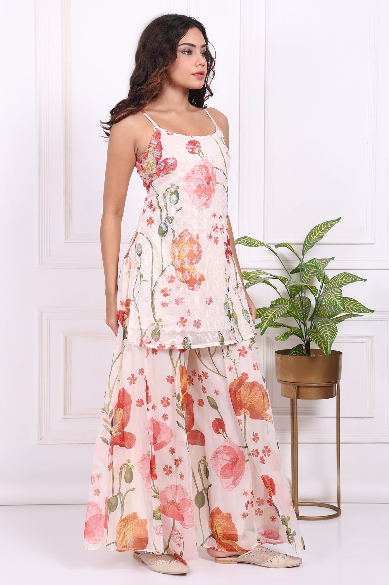 White Floral Printed A-Line Crepe Kurta with Culotte and Dupatta Set