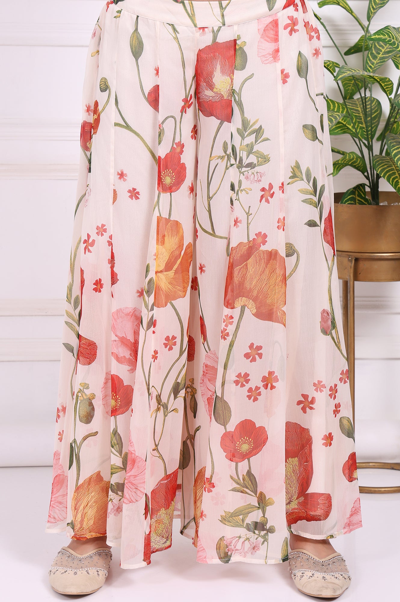 White Floral Printed A-Line Crepe Kurta with Culotte and Dupatta Set