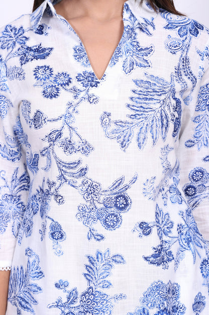 White Floral Printed Pure Cotton Straight Kurta with Straight Pant Set