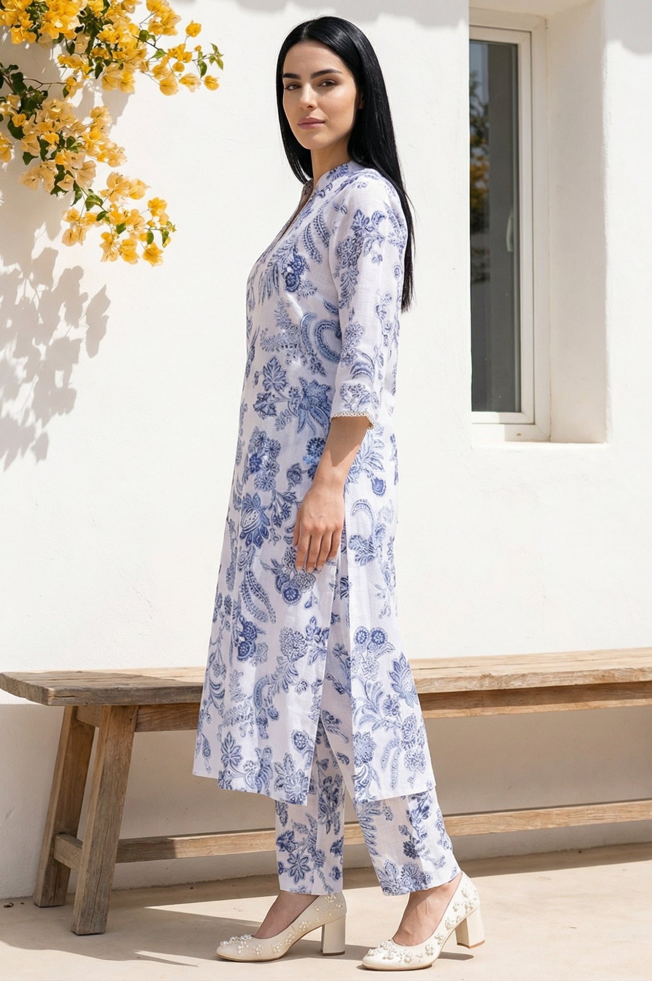 White Floral Printed Pure Cotton Straight Kurta with Straight Pant Set